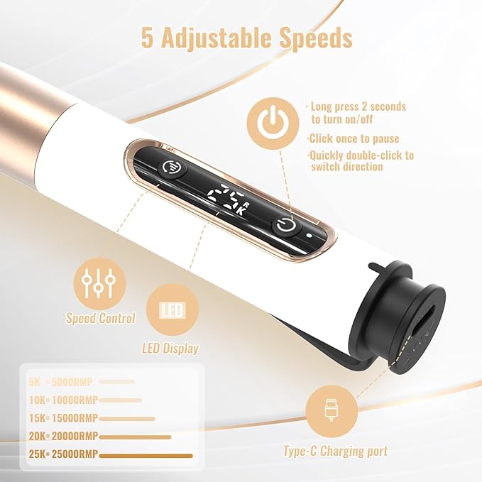 Nail Drill Cordless, Electric Nail File 12 in 1 with LED Display, Nail Drill Machine Professional Portable Rechargeable E File for Gel Acrylic Manicure Pedicure Set with 5 Speeds Golden