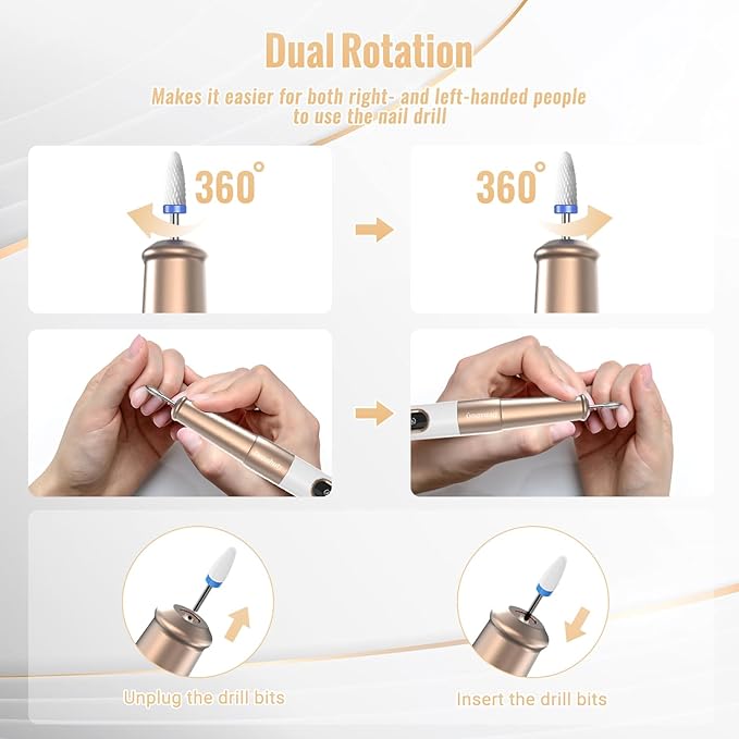 Nail Drill Cordless, Electric Nail File 12 in 1 with LED Display, Nail Drill Machine Professional Portable Rechargeable E File for Gel Acrylic Manicure Pedicure Set with 5 Speeds Golden