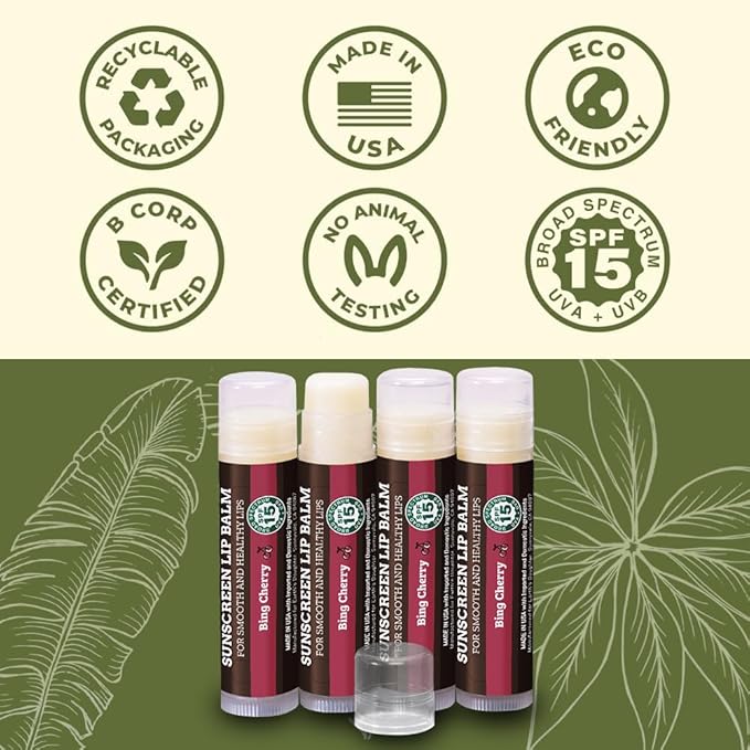 Earth's Daughter SPF Lip Balm Cherry Flavor 4-Pack Stocking Stuffers - Lip Sunscreen, SPF 15, Organic Ingredients, Beeswax, Coconut Oil, Vitamin E - Hypoallergenic, Paraben Free, Gluten Free
