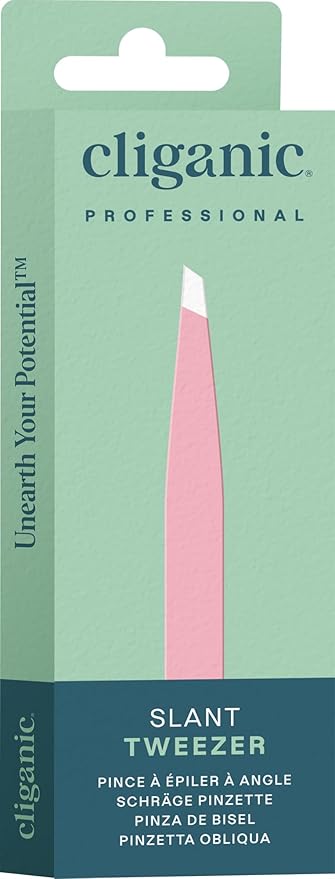 Cliganic Professional Eyebrow Tweezers Slant Tip (Pink) - Precision for Men & Women, Stainless Steel Best for Plucking Chin Facial Hair