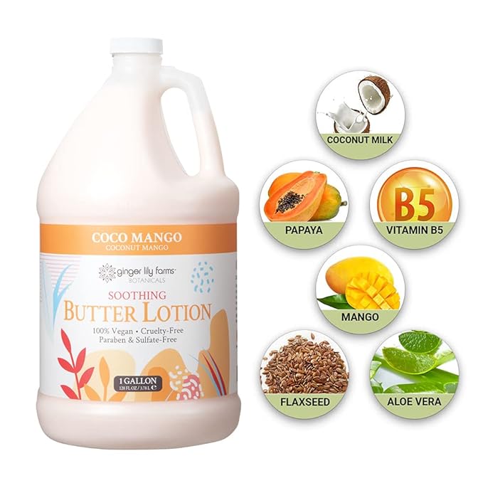 Ginger Lily Farm's Botanicals Soothing Butter Lotion, Coco Mango, 100% Vegan & Cruelty-Free, Coconut Mango Scent, 1 Gallon