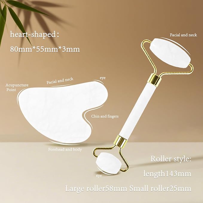 Natural Jade Roller & Gua Sha Set for Face, Facial Massager Tool for Skin Tightening, Anti-Aging, Puffiness Relief, Lymphatic Drainage - Spa Skincare Gift Set for Women (White)