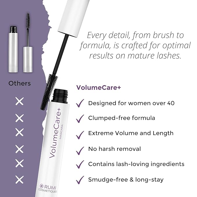Rumi Cosmetiques VolumeCare+ Mascara For Mature Women - Extreme Length and Volume 2-in-1 Formula - No Clumps or Flaking, Long-Wearing, Hypoallergenic Mascara For Sensitive Eyes (Natural Black)