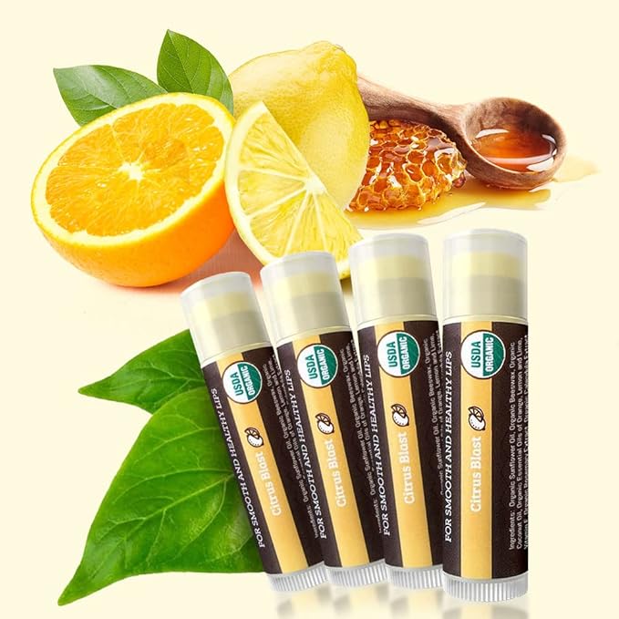 Earth's Daughter USDA Organic Lip Balm Stocking Stuffers 4-Pack Citrus Flavor - Beeswax, Coconut Oil, Vitamin E - Best Lip Repair Chapstick for Dry Cracked Lips.