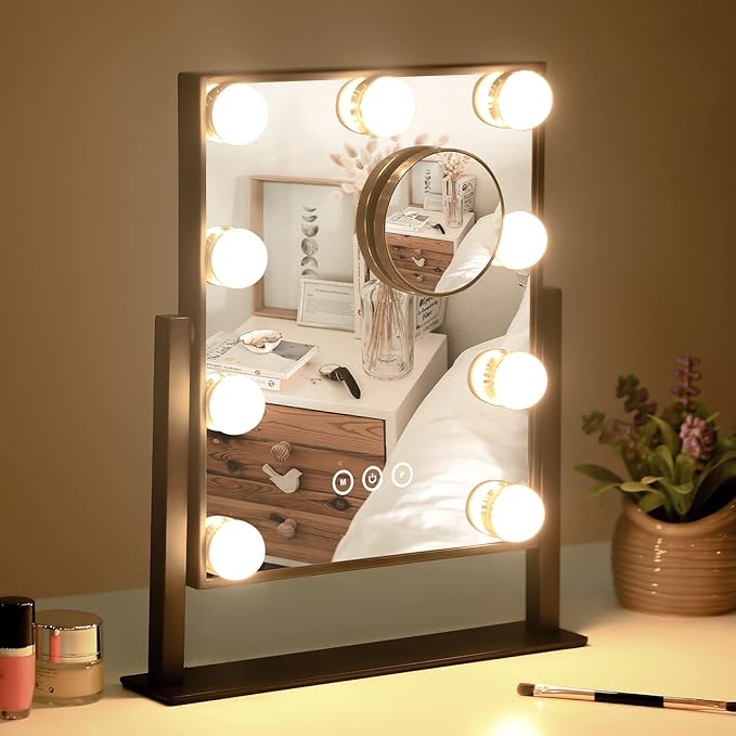 Vanity Mirror with Lights,Lighted Vanity Mirror with 9 Dimmable Bulbs for Dressing Room & Bedroom,3 Color Lighting,Modes Detachable 10x Magnification 360°Ratation (Black) 12" L x 14.4" W