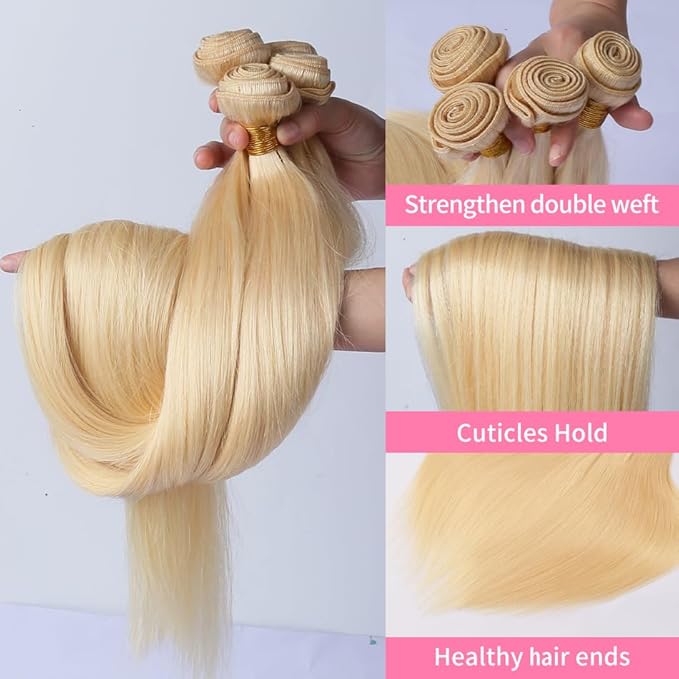 HC 613 Bundles Human Hair 28 Inch Blonde Straight 100% Unprocessed 12A Grade Brazilian Virgin Bundles (Single Bundles)