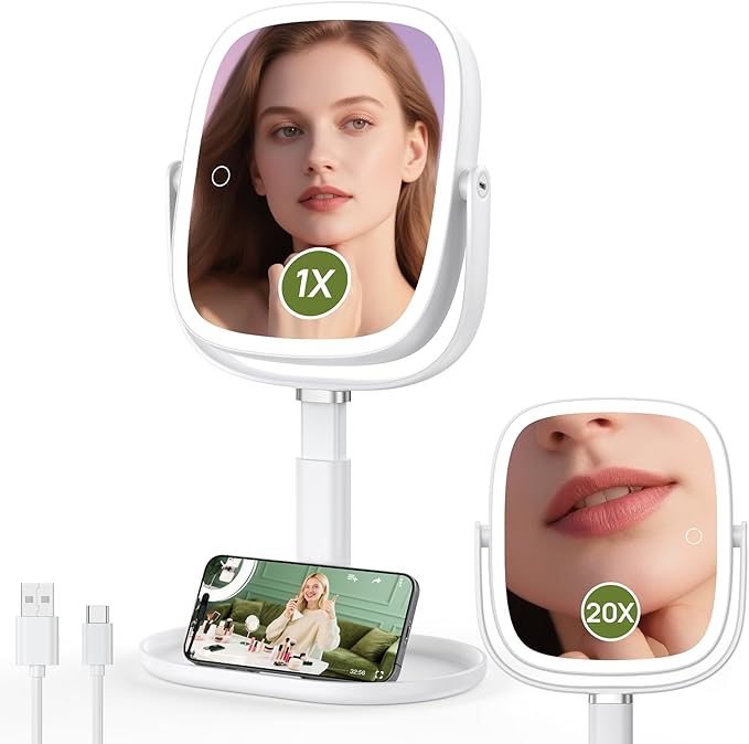 Height Adjustable Lighted Makeup Mirror with Lights and Magnification, 1X 20X Magnifying Mirror with Light 4000mAh Rechargeable, Tray Base and Phone Stand for Desk, Gifts for Women (White)