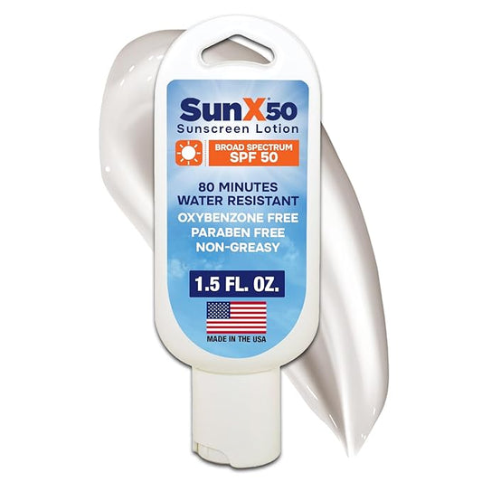 CoreTex Sun X 50 SPF Broad Spectrum Sunscreen Lotion - 1.5oz Tottle of Paraben, Oxybenzone, Octinoxate, & Oil Free Sunscreen - No White Cast and Water Resistant Up to 80 Minutes