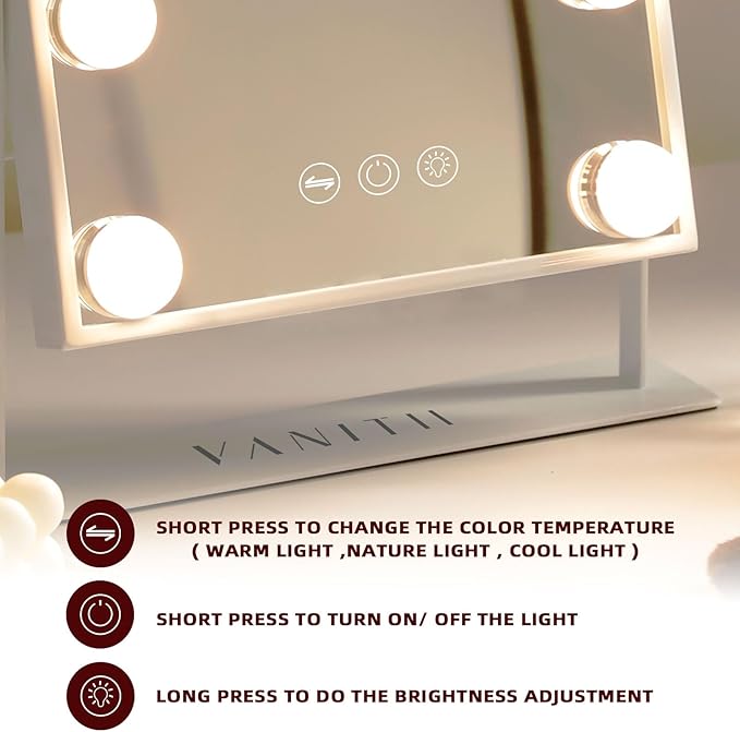 VANITII Vanity Mirror with Lights Hollywood Lighted Makeup Mirror with 9 Dimmable Bulbs Smart Touch Control 3 Colors Light for Bedroom, Detachable 10X Magnification, 360°Rotation