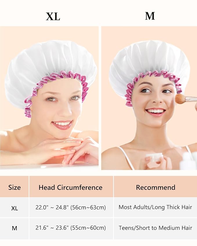 mikimini White Large Shower Cap for Women Long Hair, Reusable Waterproof Double Layers Bathing Hair Cap Soft Comfortable PEVA Lining, Cute, Non-fading & Stretchy Shower Hat X-Large Pack of 1