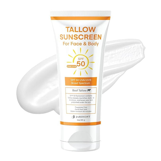 Beef Tallow Sunscreen SPF 50 with Mineral : Instant Sun Protection Non Nano Zinc Oxide Sunblock- Non Greasy Formula- Beach Jogging Outdoor Sports - 3 Fl oz, 85g