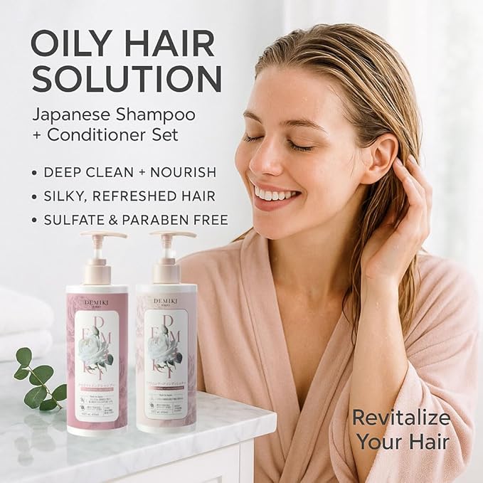DEMIKI Japanese Shampoo and Conditioner Set for Women,Sulfate Free Shampoo for Oily Hair,Paraben Free, Sulfate Free, Rose Scent,Clarifying Shampoo Moisturizing and Volumizing Natural Hair Care,32oz