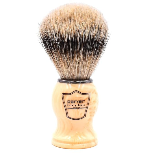 Parker Silvertip Badger Shaving Brush-Faux Ivory Resin Handle & Stand | 22mm Soft Knot for Rich Lather | Handcrafted Grooming Tool for Shave Soaps or Creams | Luxury Wet Shaving Brush | Iconic Brand