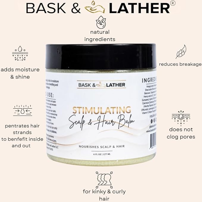 Bask & Lather Stimulating Scalp and Hair Balm for Hair Growth, Mango & Shea Butter, Nourishing Jojoba Oil, Peppermint & Rosemary Oil, Vitamin E, Scalp Care, Hair Care, Moisture, Shine & Strength, 6 oz