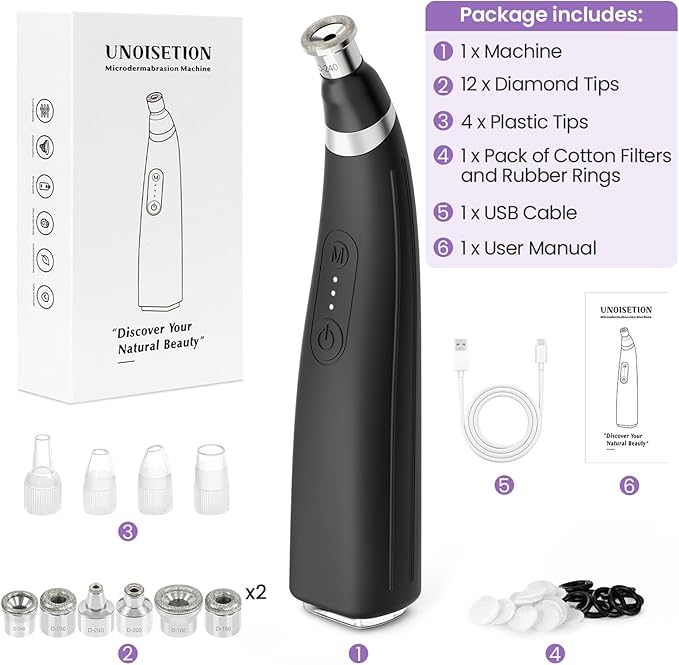 Diamond Microdermabrasion Machine, UNOISETION Rechargeable Micro Dermabrasion Facial Tool with 12 Diamond Tips, Blackhead Remover for Home Travel