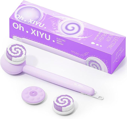 Electric Back Scrubber for Shower Body Brush, Waterproof Shower Body Scrubber for Cleansing, Massaging, Rechargeable Spinning Bath Brush for Kids with 2 Heads & 3 Speed Modes, Taro Purple XY0