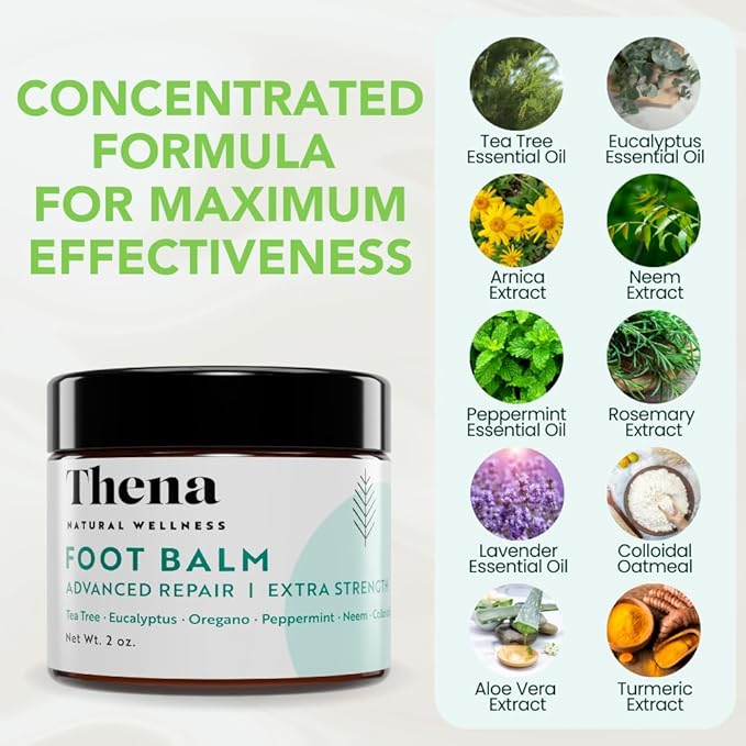 THENA Athletes Foot Treatment Balm, Extra Strength Power6 Formula Foot Cream with Tea Tree Peppermint Neem, Repairs Dry Cracked Feet Heels Itchy Skin Nails Toenails, Advanced Foot Care for Men Women
