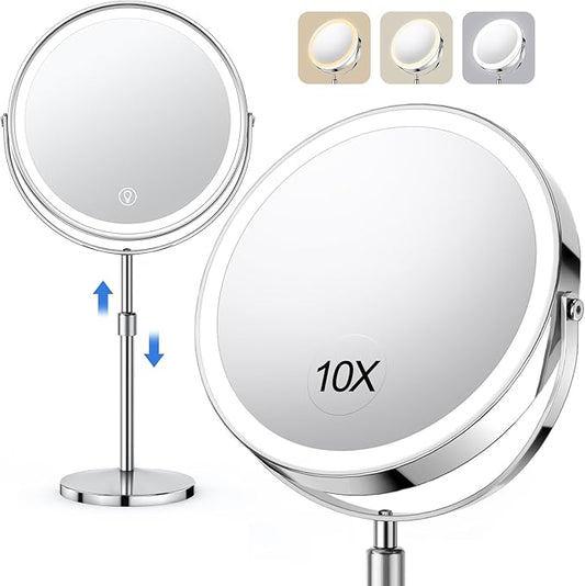 Lighted Makeup Mirror, Rechargeable Height Adjustable Double Sided, 1x/10x Magnifying with 3 Color, Brightness Adjustable, 360° Rotation Vanity, Gift for Women