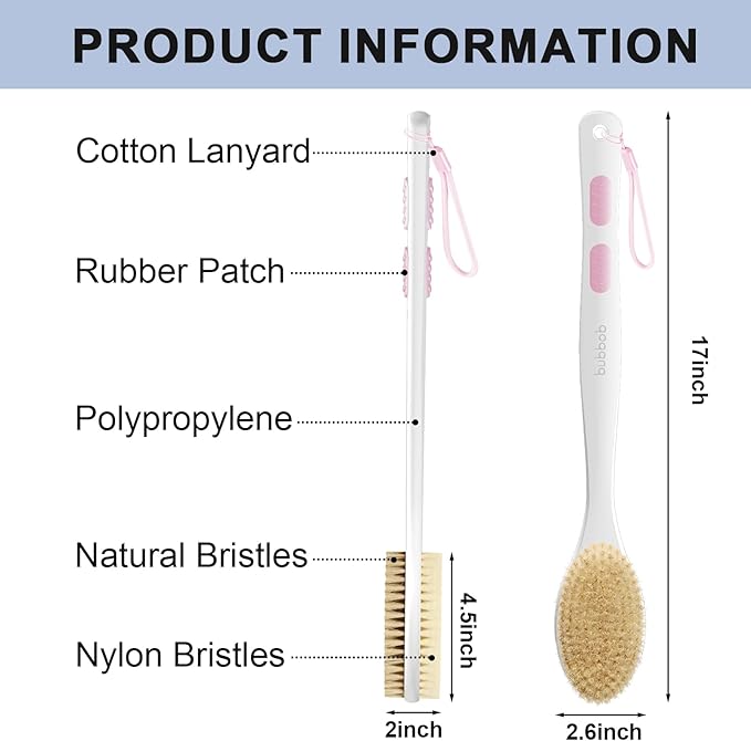 Back Scrubber, Back Scrubber for Shower, Bath Brush Long Handle for Shower with Double Sided Bristles for Wet or Dry Brushing (Pink)