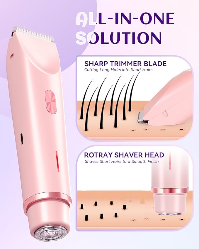 Dermave Bikini Shaver Trimmer 2.0 for Women Pubic Hair, 2 in 1 Dual Head Painless Electric Razor for Bikini Line Area, Waterproof