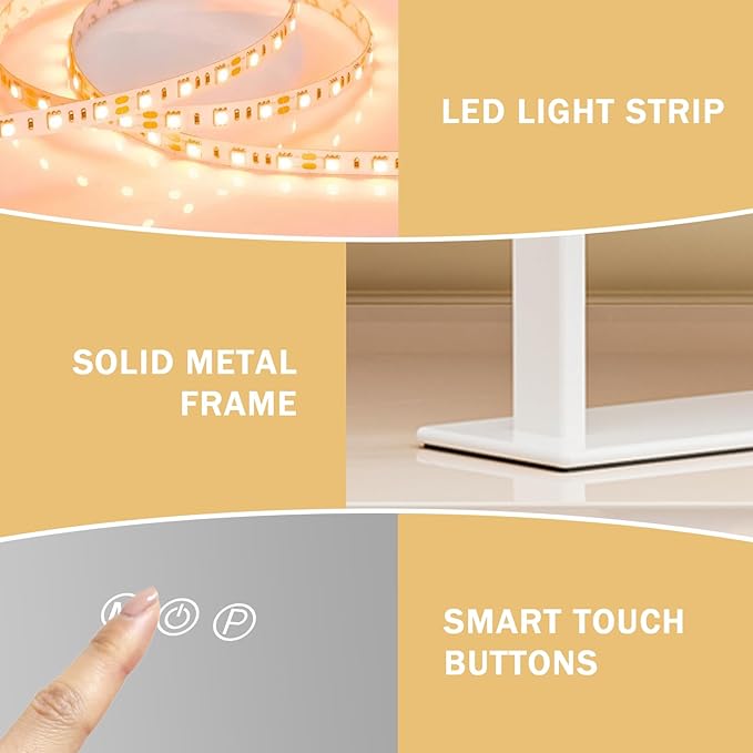 FENCHILIN Vanity Mirror with Lights 16.14" x 11.81",Lighted Makeup Mirror and Hollywood Mirror with Smart Touch Control 3 Colors Dimmable LED Light, 360°Rotation 10X Magnification(White)