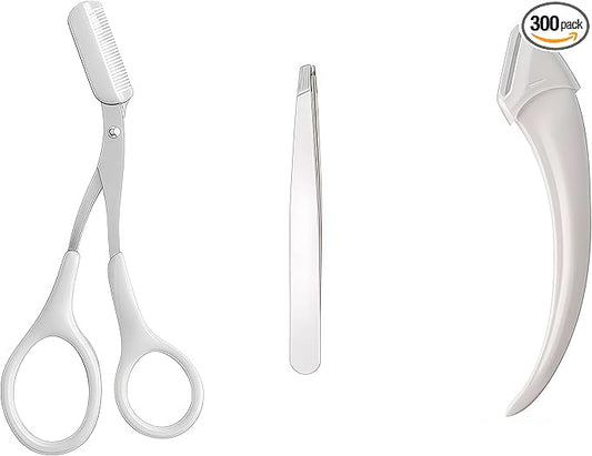 eye brow trimmer, 2 - in - 1 Eyebrow Trimming Set with Comb, Stainless Steel Professional Eyebrow Clipper, Eyebrow Grooming Tools for Women and Men, Beauty Accessory Tools (3 pack) (White)
