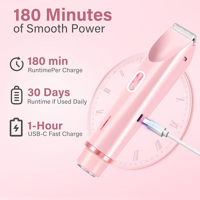 2-in-1 Women's Electric Razor & Bikini Trimmer - Painless Smooth Shave & Gentle Pubic Hair Removal - Dual Ceramic Blades, IPX7 Shower-Proof - Cordless for Sensitive Skin