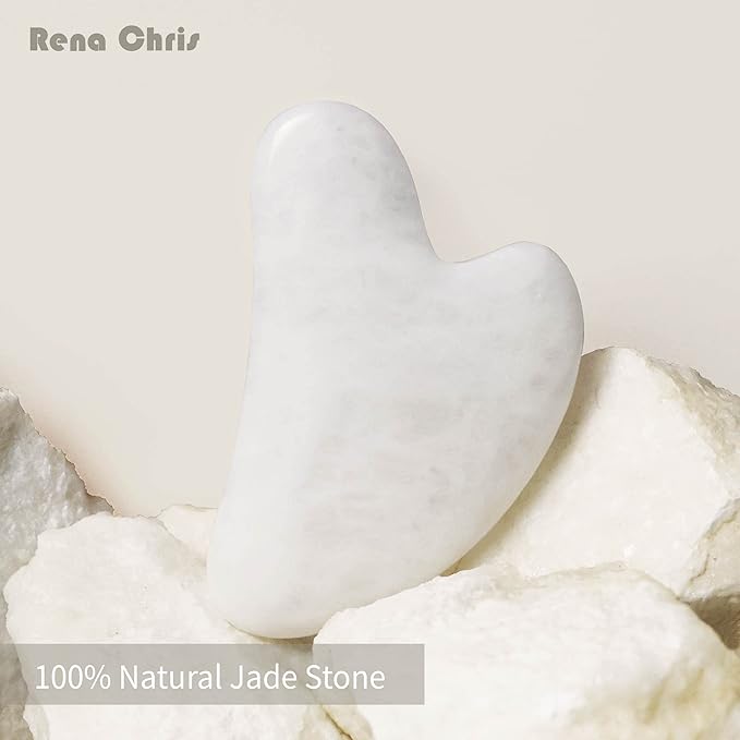 Rena Chris Gua Sha Facial Tools: Natural Jade Stone Guasha Tool for Face Acupuncture Therapy, Facial Massager for Jawline Sculpting and Puffiness Reducing (White)
