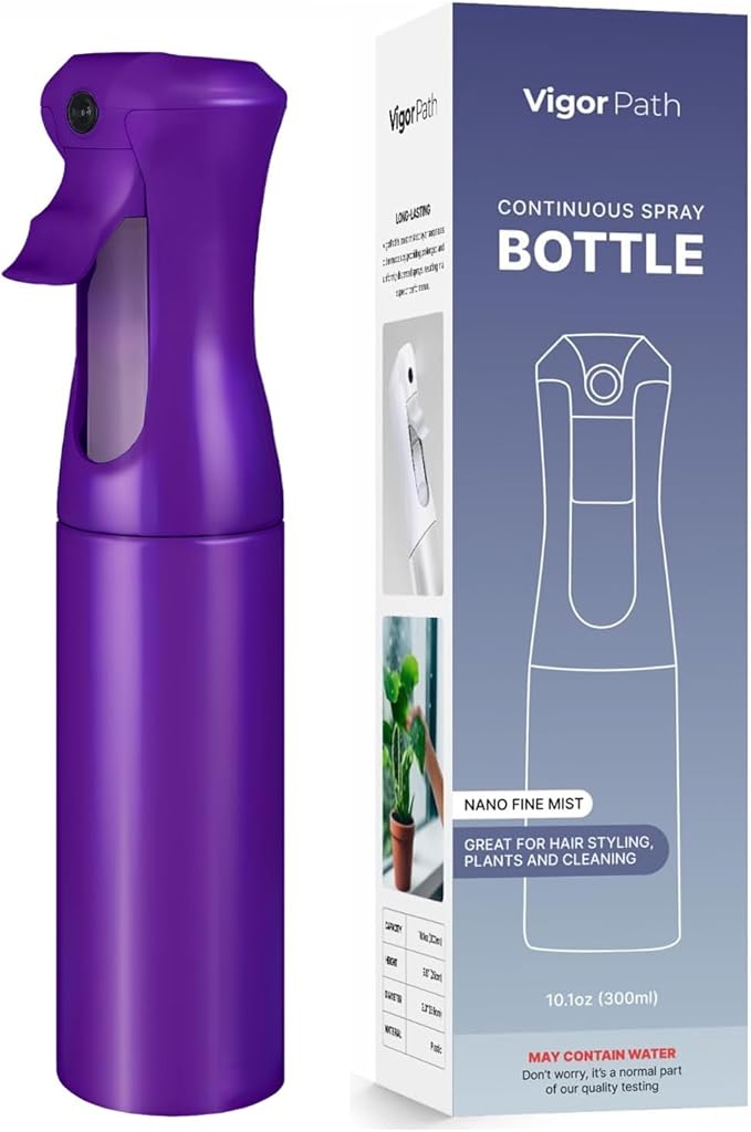 VIGOR PATH Continuous Spray Bottle with Ultra Fine Mist - Versatile Water Sprayer for Hair, Home Cleaning, Salons, Plants, Aromatherapy, and More - Empty Hair Spray Bottle - 300ml/10.1oz (Dark Purple)