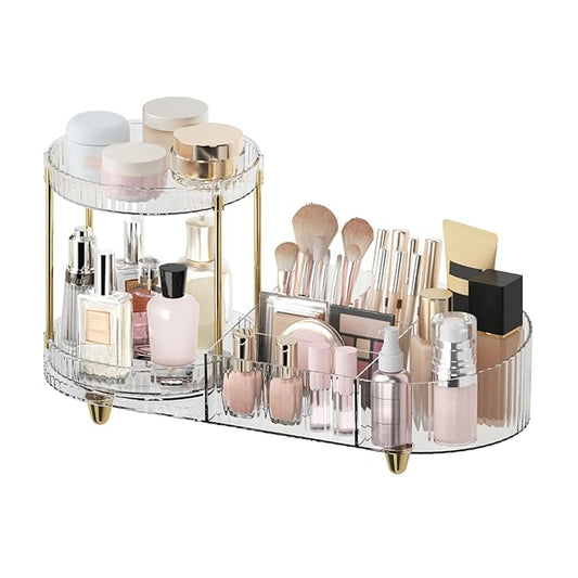 Makeup Organizer Countertop for Vanity, Rotating Perfume Tray with 5-compartment Cosmetic and Skincare Organizers, Multi-Purpose Desk Storage Makeup Brush Holder for Bathroom Bedroom Counter