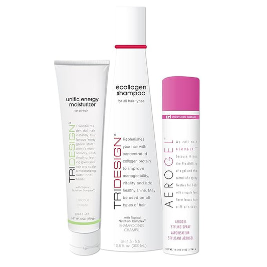 TRI Design Shampoo, Conditioner and Hair Finishing Spray Set - Includes Aerogel Spray Gel 10.5 oz., Ecollogen Collagen Shampoo 10.5 oz. and Unific Energy Moisturizer 6 oz., for All Hair Types