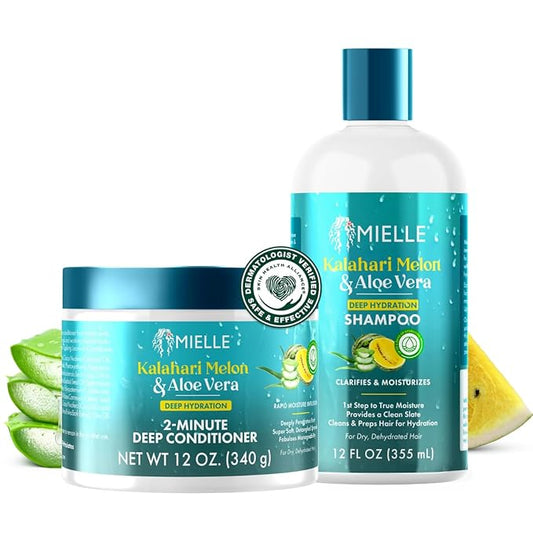 Mielle Kalahari Melon & Aloe Vera Deep Hydration Shampoo & 2-Minute Deep Conditioner Bundle - For Dry, Curly, and Textured Hair
