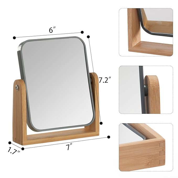 YEAKE Double Sided 3X Magnifying Makeup Mirror with Bamboo Stand,Small Desk Table Mirror with 360° Rotation,Standing Portable Cosmetic Mirror,Good for Shower,Shaving and Traveling-Grey
