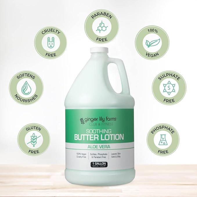 Ginger Lily Farms Club & Fitness Soothing Butter Lotion for Dry Skin, 100% Vegan & Cruelty-Free, Aloe Vera Scent, 1 Gallon (128 fl oz) Refill