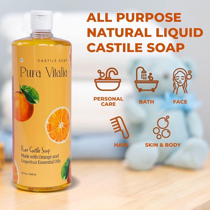 Citrus Organic Castile Soap | Body Wash & Cleanser for Face & Hands | Biodegradable, Eco-Friendly, Palm Oil Free, Vegan & Gentle | Made with 6 Natural Ingredients - 32 oz