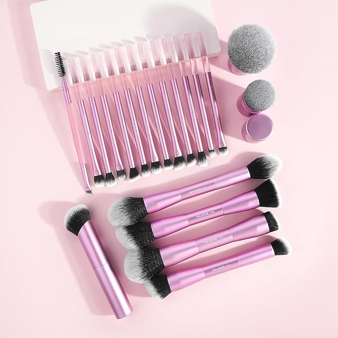MAANGE 20 Pcs Makeup Brushes with Gift Box, Double-End Multi-functional Makeup Brushes for Blending Liquid Powder Concealer Cream Blush Buffe,Pink