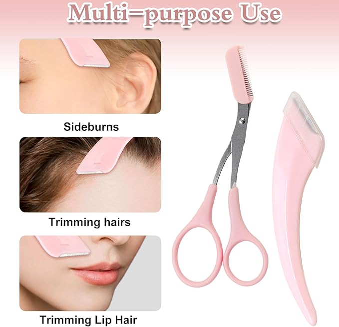 9 Pcs Eyebrow Trimmer Scissors with Comb, Curved Eye Brow Razor, Non-Slip Stainless Steel Facial Hair Removal Grooming, Brow Shaping Beard Shaving Kit Beauty Accessories for Women Men