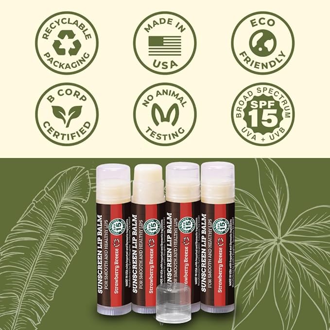 Earth's Daughter SPF Lip Balm 4-Pack Strawberry Flavor Stocking Stuffers - Lip Sunscreen, SPF 15, Organic Ingredients, Beeswax, Coconut Oil, Vitamin E - Hypoallergenic, Paraben Free, Gluten Free