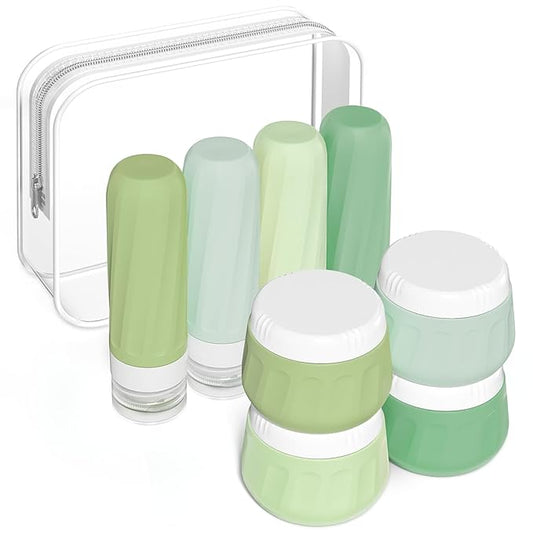 Travel Size Toiletries 8 Pack, TSA Approved 3oz Silicone Squeeze Bottles & Cream Jars with Clear Travel Bag