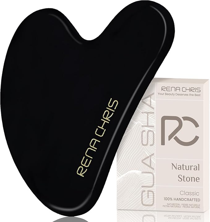 Rena Chris Gua Sha Facial Tools: Natural Obsidian Guasha Tool for Face Acupuncture Therapy, Facial Massager for Jawline Sculpting and Puffiness Reducing (Black)