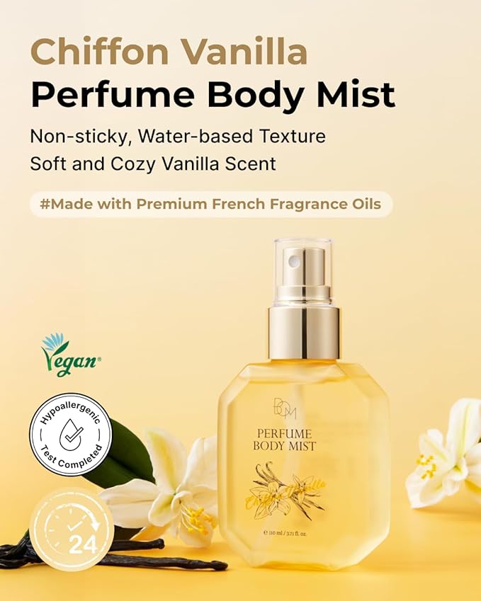 BOM Chiffon Vanilla Perfume Body Mist 3.71 Fl Oz, Vanilla Scented Fine Mist with Hyaluronic Acid, Niacinamide & Vitamin C, Hydrating, Lightweight Spray with Long-Lasting Fragrance, Korean Skincare