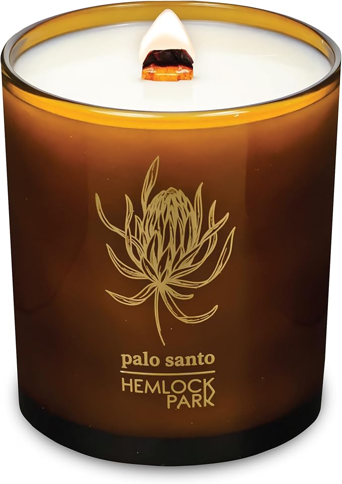 Hemlock Park Amber & Gold Wood Wick Candle Handcrafted with Natural Coconut Wax (Large 14 oz, Palo Santo)