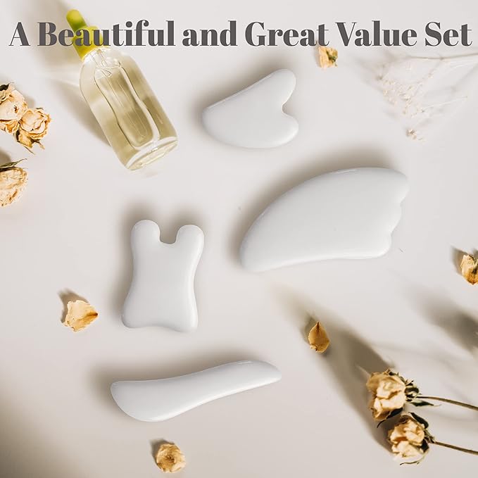 Rena Chris Guasha Massage Tool, 4 Pcs Gua Sha Facial Tool, Guasha Board for SPA Acupuncture Therapy Trigger Point Treatment, Gua Sha Scraping Massage Tool（White）