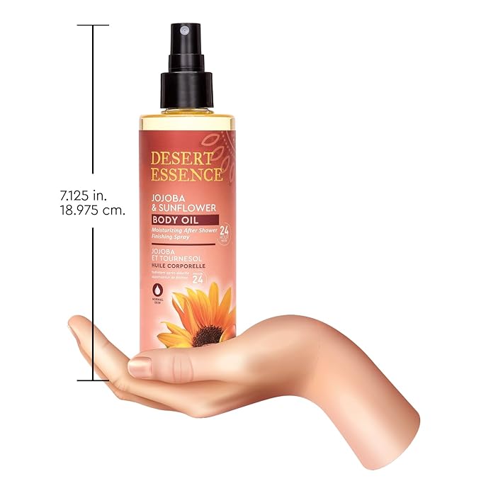 Desert Essence, Jojoba & Sunflower Body Oil Spray, 8.28 fl. oz. - Gluten-Free, Vegan, Cruelty Free - 24hour Moisture, Soothes Skin, Perfect for Sensitive Skin, Illuminating Body Spray
