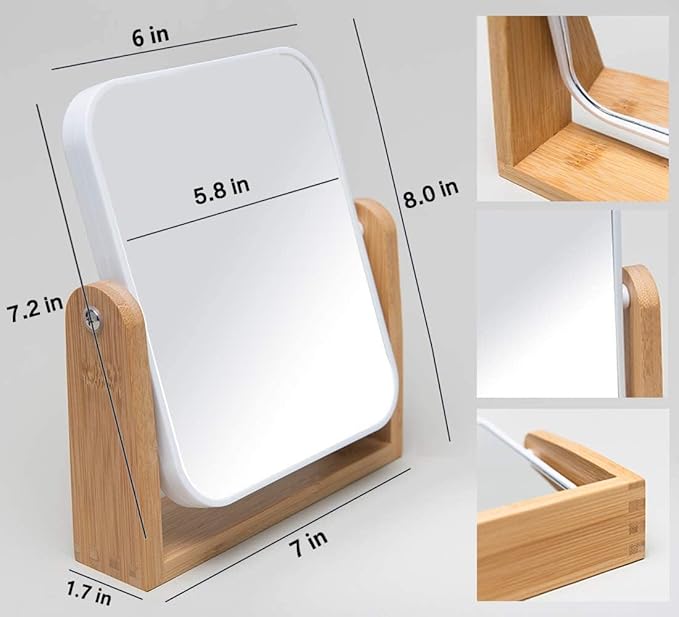 YEAKE Vanity Makeup Mirror with Natural Bamboo Stand, 8 Inch Double Sided 360 Degree Swivel Magnifying Mirror for Table, Desk, Countertop Shaving Make Up