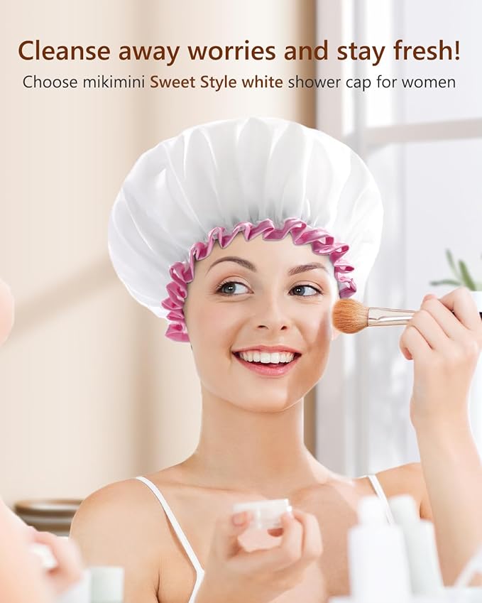 mikimini White Large Shower Caps for Women Long Hair Pack of 2, Reusable Waterproof Double Layers Bathing Hair Cap Soft Comfortable PEVA Lining, Cute, Non-fading & Stretchy Shower Hat X-Large