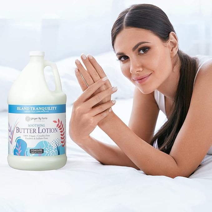 Ginger Lily Farm's Botanicals Soothing Butter Lotion for Dry Skin, Island Tranquility, 100% Vegan & Cruelty-Free, Green Tea Lemongrass Scent, 1 Gallon (128 fl oz) Refill