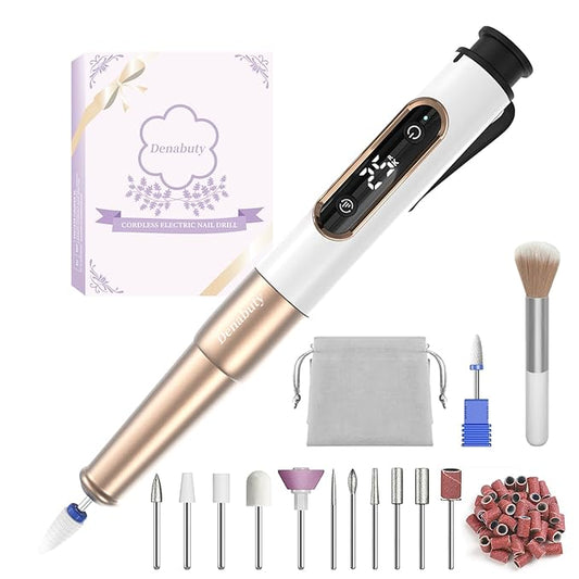 Nail Drill Cordless, Electric Nail File 12 in 1 with LED Display, Nail Drill Machine Professional Portable Rechargeable E File for Gel Acrylic Manicure Pedicure Set with 5 Speeds Golden