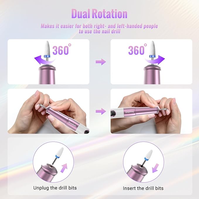 Nail Drill Cordless, Electric Nail File 12 in 1 with LED Display, Nail Drill Machine Professional Portable Rechargeable E File for Gel Acrylic Manicure Pedicure Set with 5 Speeds Purple