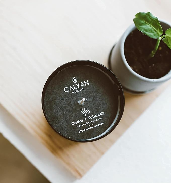 Calyan Wax Co. Cedar & Tobacco Scented Candle - 75 Hour Burn - Luxury Non Toxic Soy Wax Candles - Long Lasting Black Tumbler Jar Candle for Home - 10.2oz